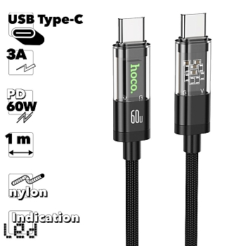 USB-C кабель HOCO U116 Transparent Type-C, 3А, PD60W, 1м, нейлон (черный)