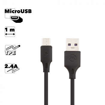 USB кабель WK WDC-092m Full Speed Pro MicroUSB, 2.4А, 1м, TPE (черный)