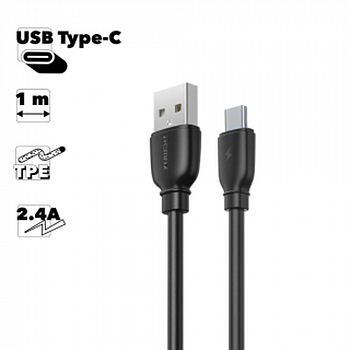 USB кабель REMAX RC-138a Suji Pro Type-C, 2.4А, 1м, TPE (черный)