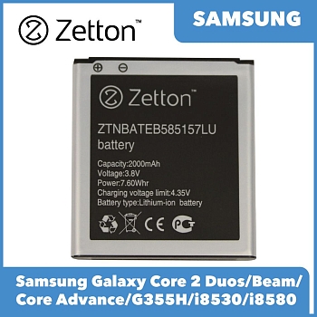 Аккумулятор (батарея) Zetton для телефона Samsung Galaxy Core 2 Duos, Beam, Core Advance, G355H, i8530, i8580 2000 mAh аналог EB585157LU