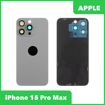 Задняя крышка для iPhone 15 Pro Max в сборе со стеклом камеры с логотипом (серый)