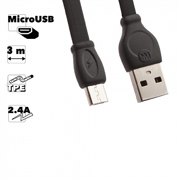 USB кабель WK WDC-023 Fast MicroUSB, 2.4А, 3м, TPE (черный)