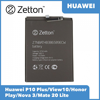 Аккумулятор (батарея) Zetton для телефона Huawei P10 Plus, View10, Honor Play, Nova 3, Mate 20 Lite 3750 mAh, Li-Pol аналог HB386589ECW