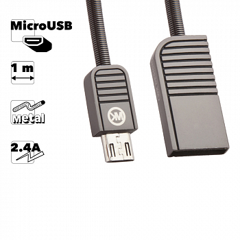 USB кабель WK Lion WDC-026m MicroUSB, 2.4A, 1м, металл (черный)