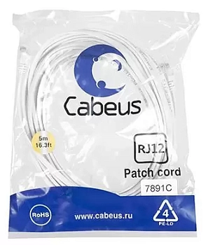 Патч-корд 6p4c телефонный, 5 м, белый Cabeus PC-TEL-RJ12-5m