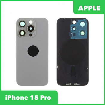 Задняя крышка для iPhone 15 Pro в сборе со стеклом камеры с логотипом (серый)
